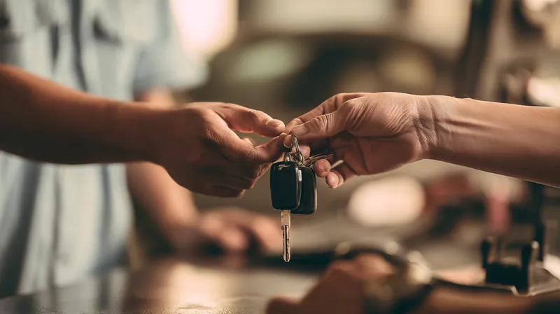Mechanic's hands passing car keys to a customer across a modern auto service counter after a repair paid with a $1,000 loan