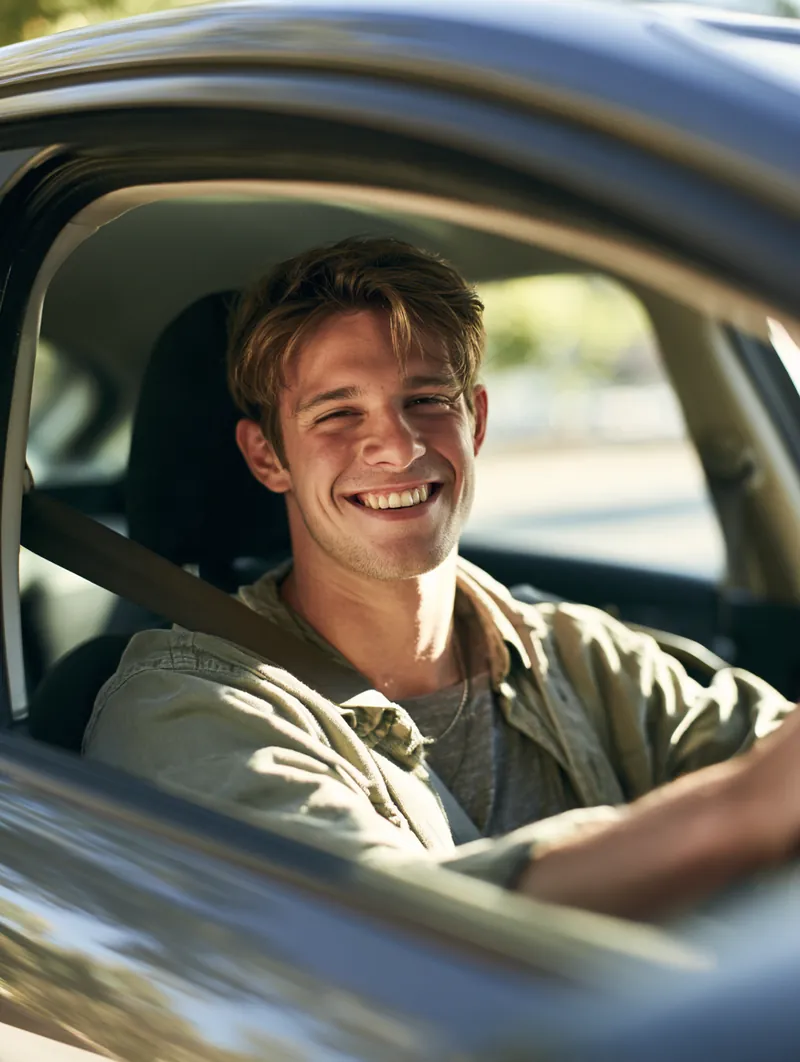 Young man smiling from the driver's seat of a compact car as he pulls out, heading to his new place after covering moving costs
