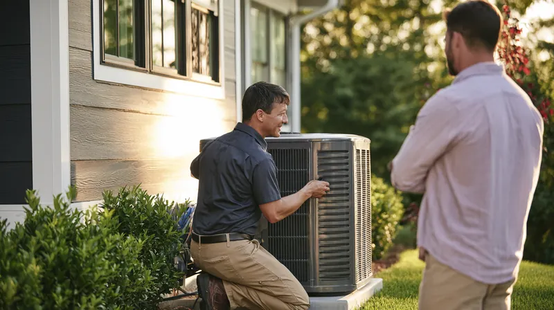 HVAC technician repairing an outdoor air conditioning unit beside a suburban home as the homeowner watches, a repair often covered by a $2,500 loan