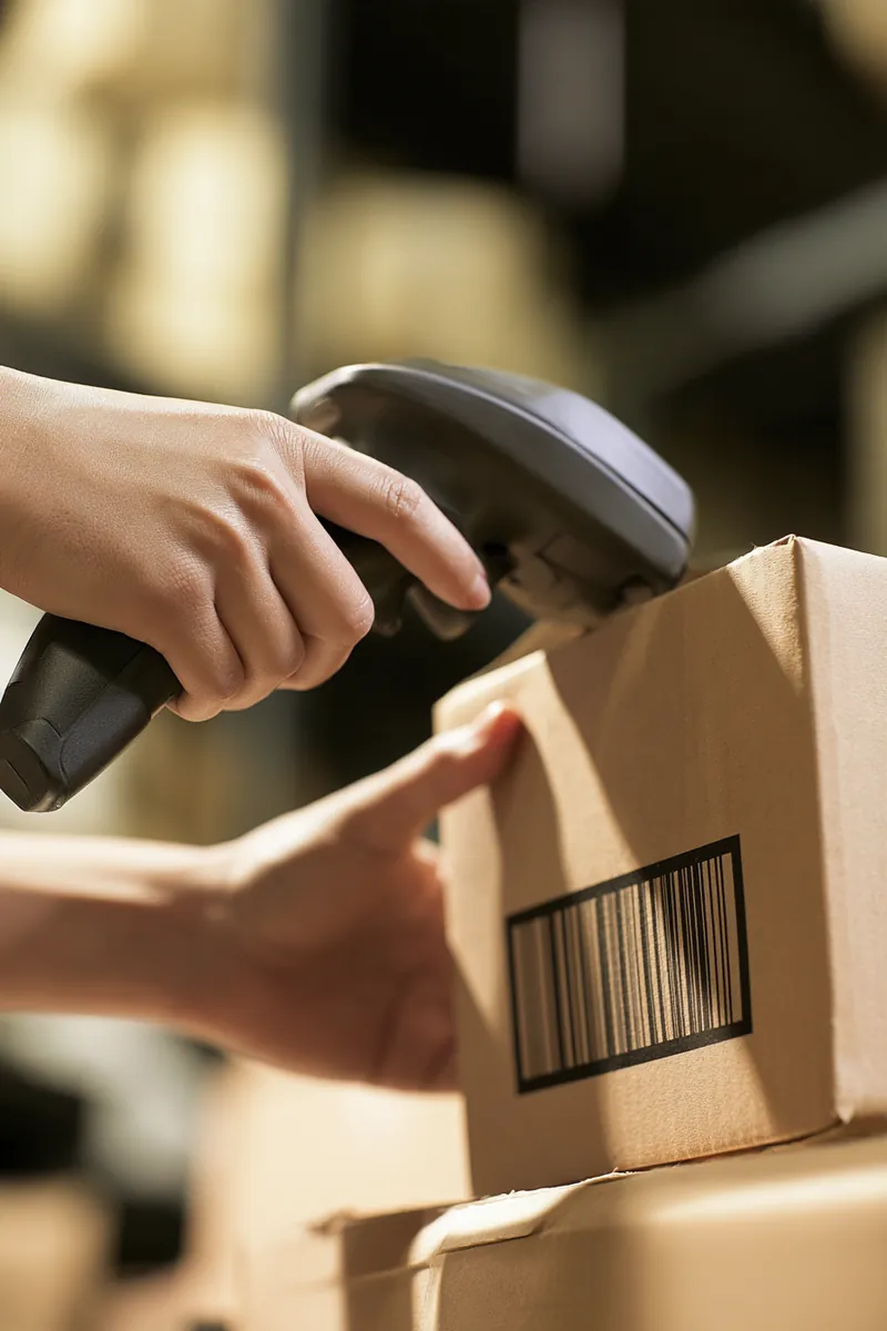 Hands scanning a barcode on a shoebox with a handheld scanner in a small modern stockroom