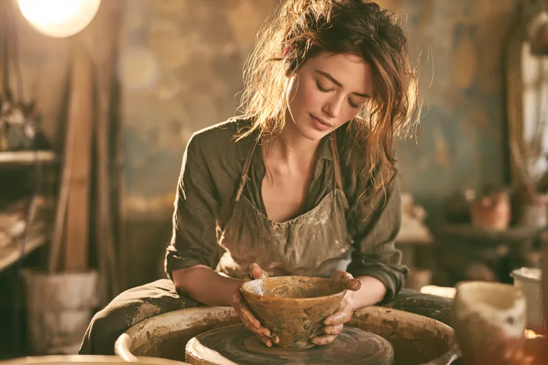 Potter in her 40s shaping a clay bowl on a wheel in a bright ceramics studio, the kind of small business equipment a $5,000 loan can help fund