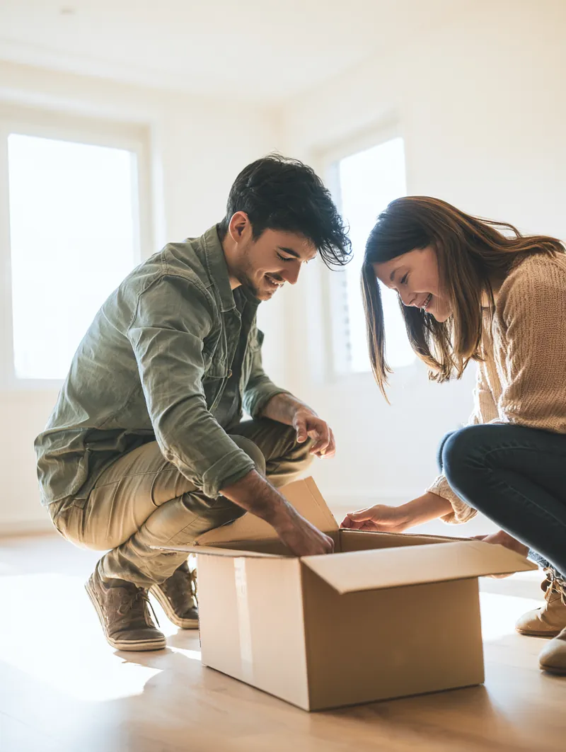 Young couple unpacking a cardboard moving box in a bright empty new apartment with large windows and pale wood floors