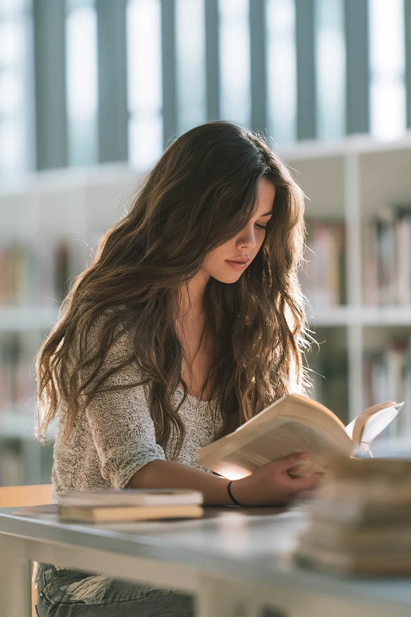 College-age woman reading a hardcover book at a long table in a bright public library while researching personal loans