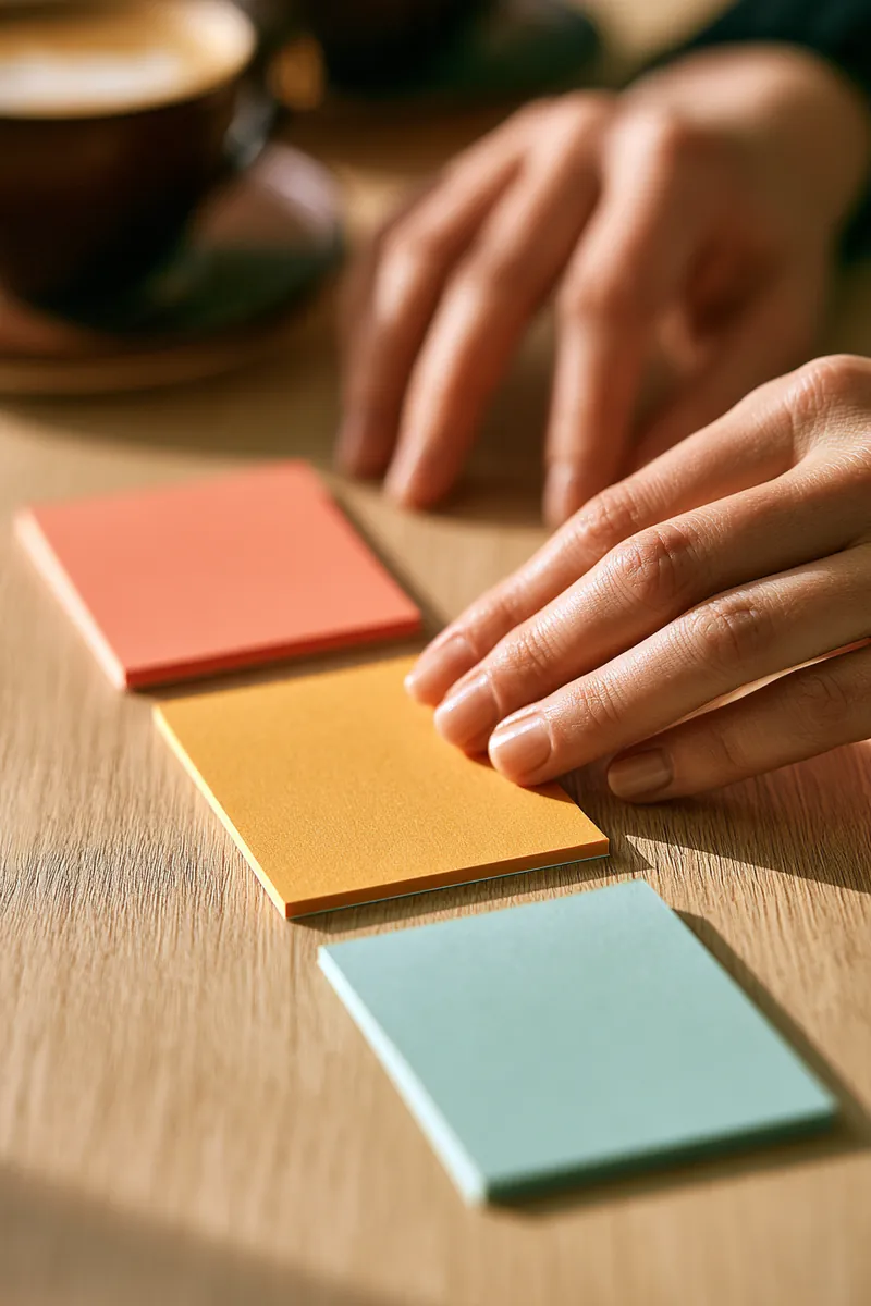Hands lining up three colorful index cards on an oak cafe table to compare personal loan offers side by side