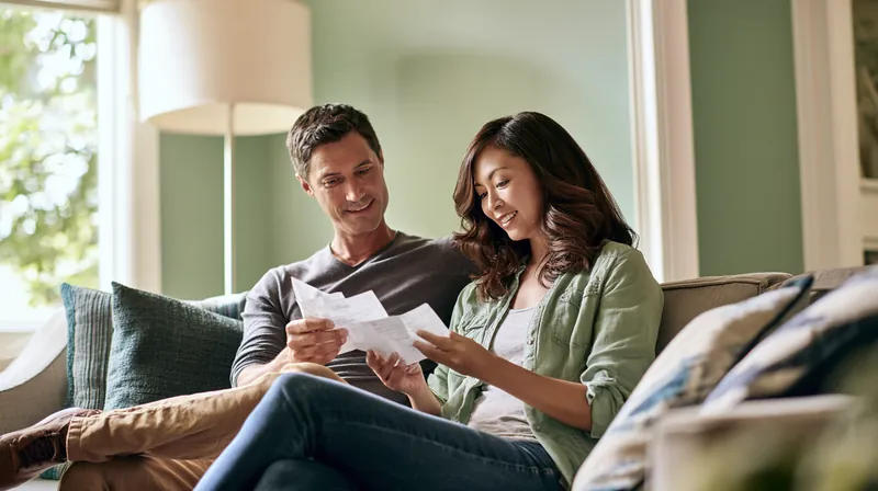 Couple in their 40s on a modern sofa reviewing paper bills together, planning how to protect their money stash from card debt