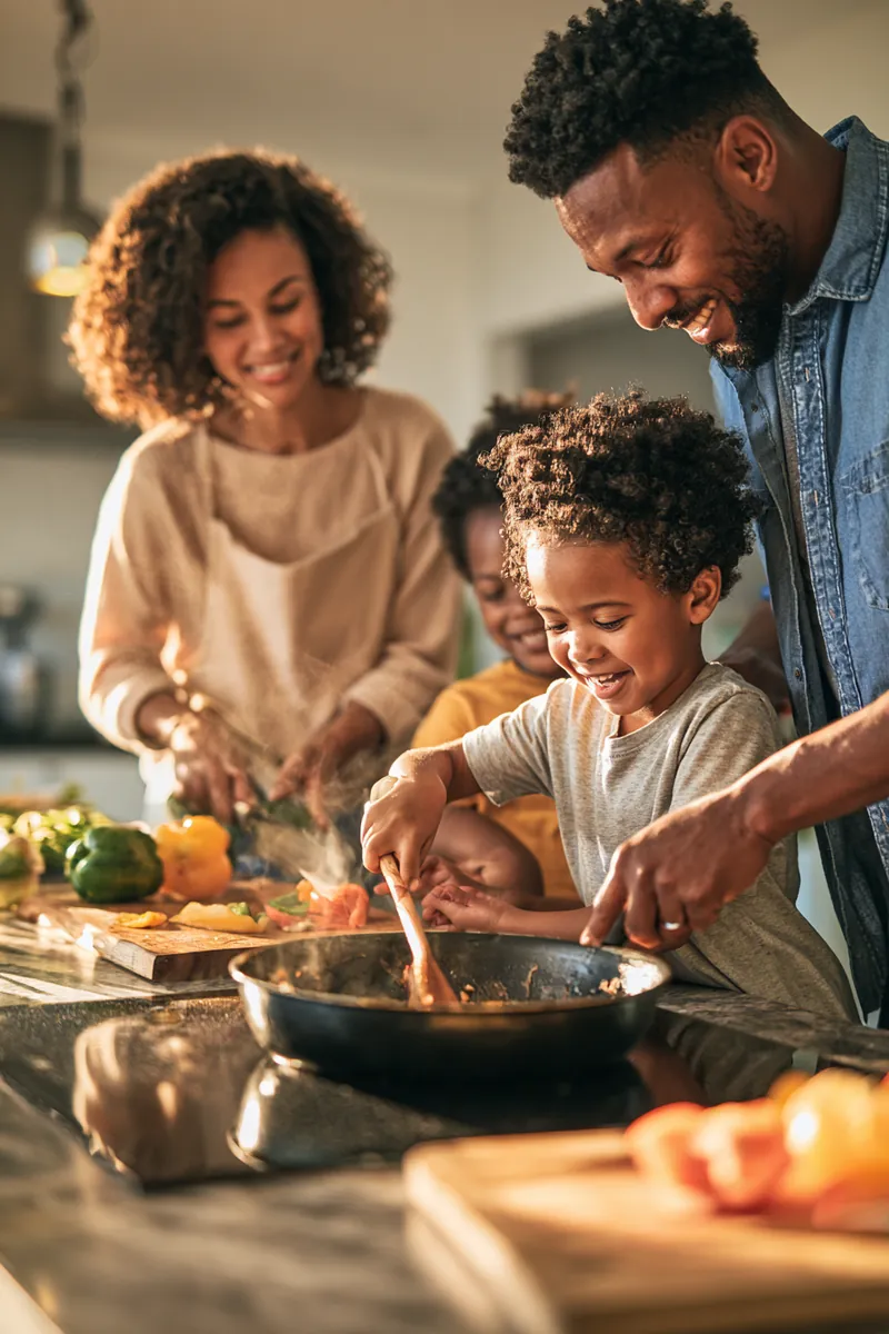 Family of four cooking dinner together in a modern open kitchen, kids stirring a frying pan while parents chop vegetables