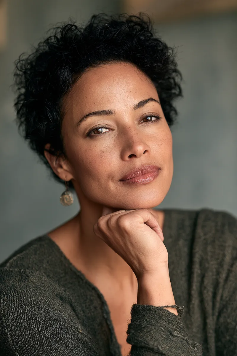 Thoughtful woman with short natural hair resting her chin on her hand while reading personal loan questions and answers