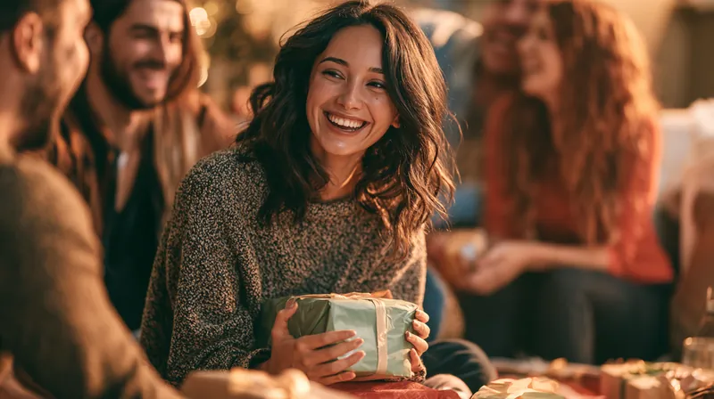 Friends in their 30s exchanging wrapped gifts in a cozy modern living room with soft holiday decor, celebrating without draining their money stash