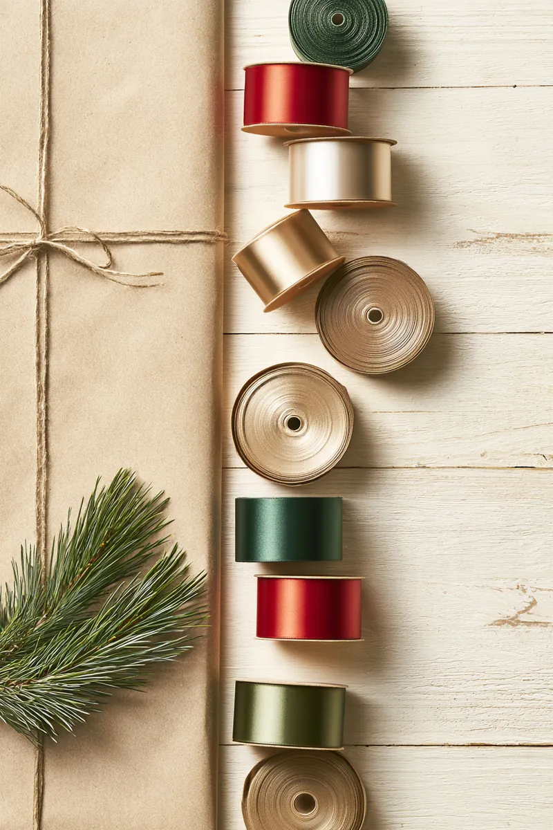Top-down flat lay of satin ribbon spools, kraft wrapping paper and pine sprigs on a pale wood table