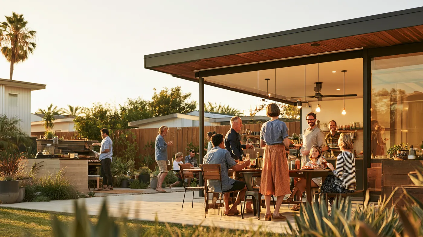 Neighbors of different ages sharing a backyard barbecue on a modern patio