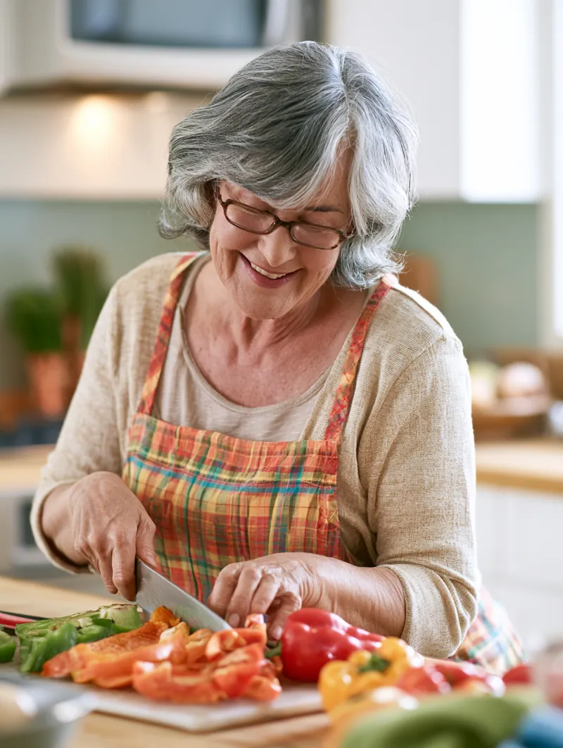 Woman in her 60s smiling while slicing fresh peppers on a cutting board in a bright modern kitchen