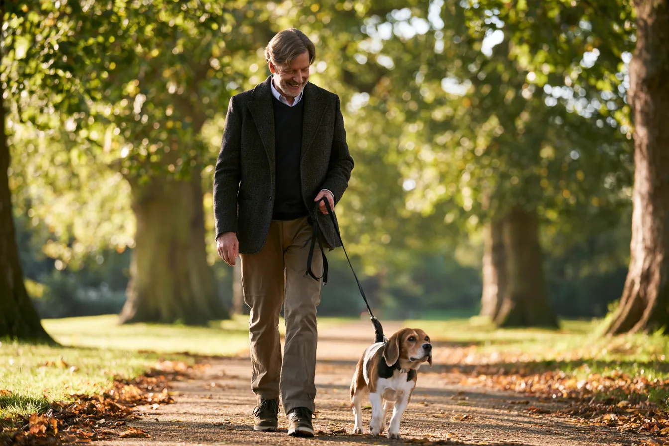 Man in his 50s walking a beagle along a leafy park path on a crisp morning, relaxed after organizing his money stash payoff plan
