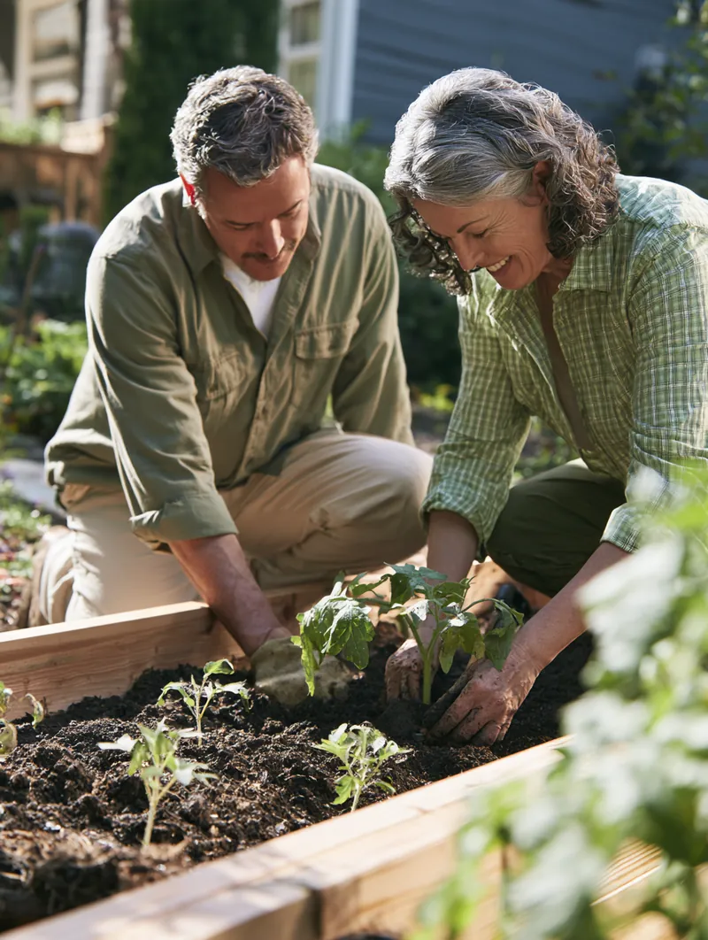 Couple in their 50s planting tomato seedlings in a raised cedar garden bed, a calm picture of planning personal loan payments ahead