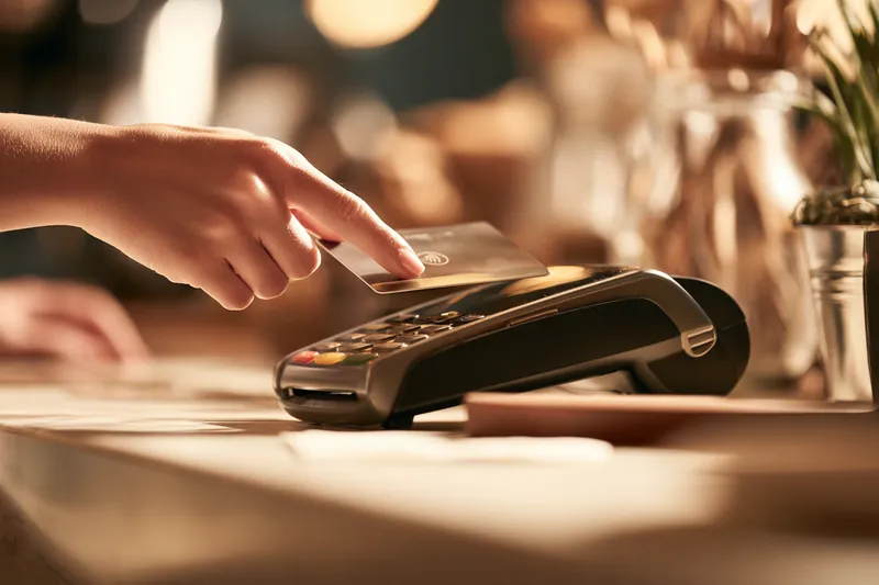 Hand tapping a contactless card on a payment terminal at a cafe counter, the quick choice when your money stash runs short