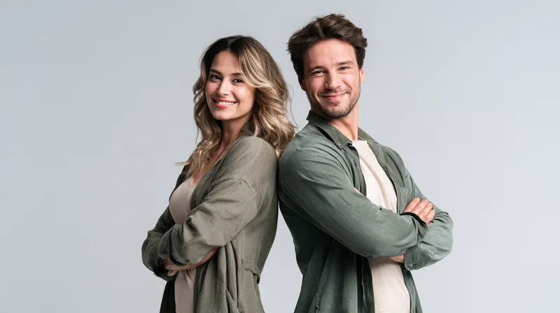 Couple standing back to back with crossed arms and easy smiles, illustrating two ways to borrow when a money stash runs low
