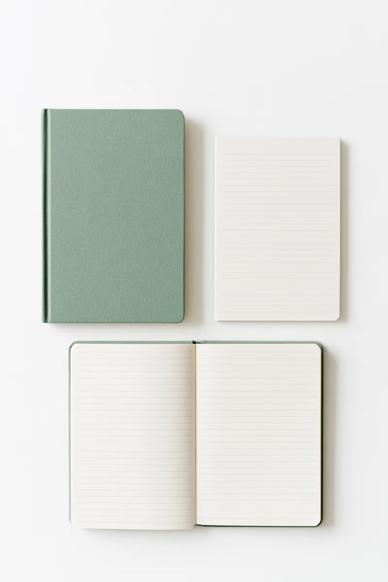 Two notebooks side by side on a white surface, one closed in sage green and one open with neat tables, comparing a loan and a line of credit