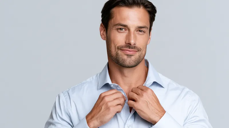 Confident man in his 30s adjusting his shirt collar against a light gray backdrop, ready to rebuild his money stash with fair credit