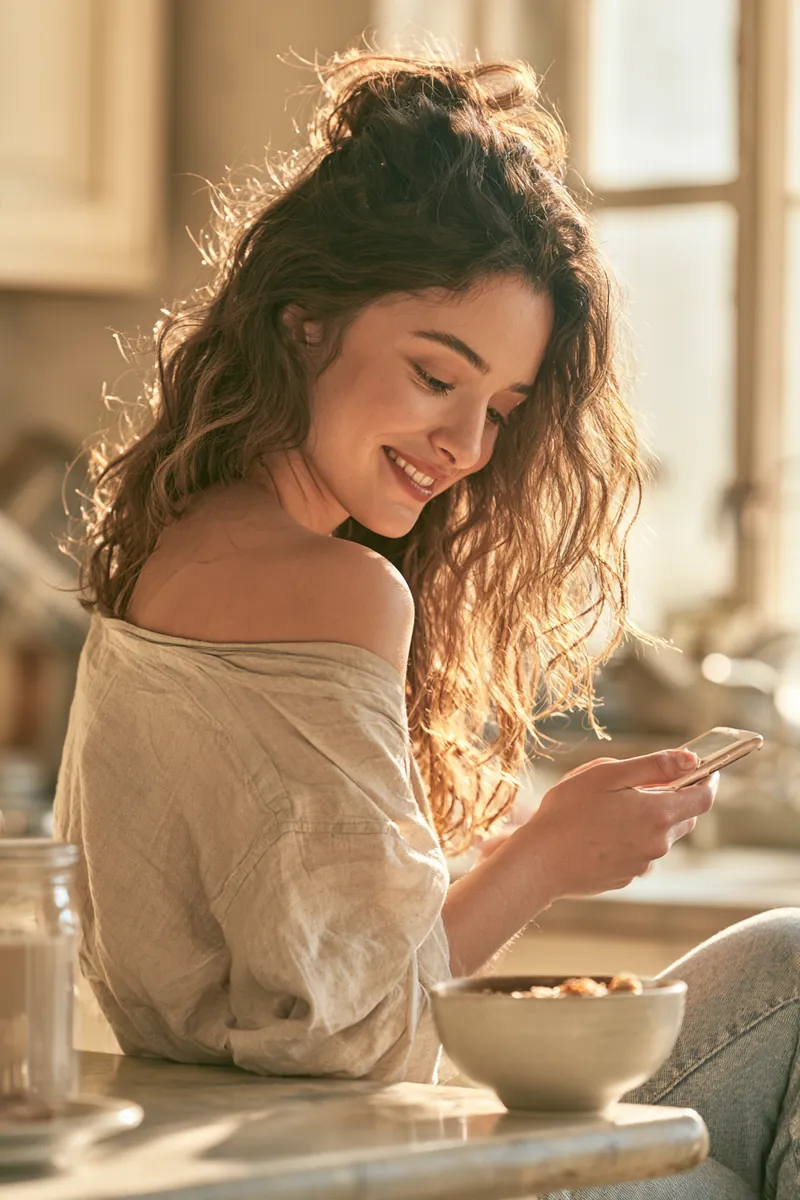 Young woman checking personal loan offers on her smartphone at a bright kitchen island beside a breakfast bowl
