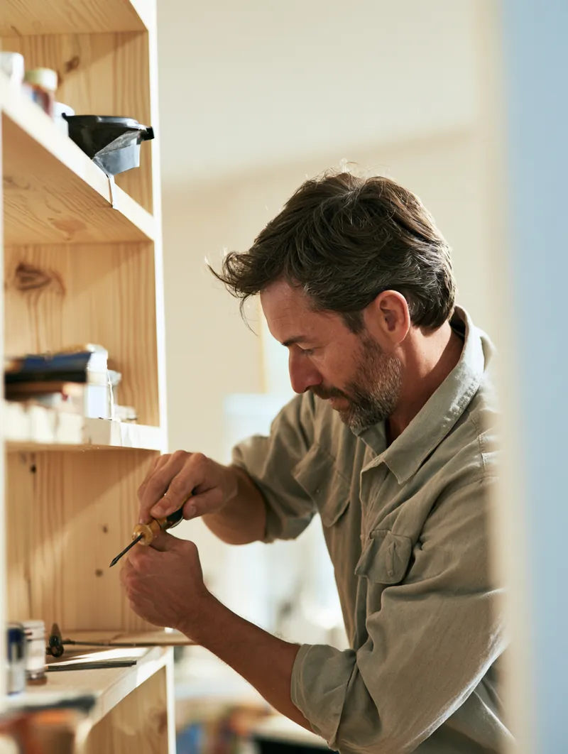 Man in his 40s assembling a light wood bookshelf with a screwdriver in his bright new apartment