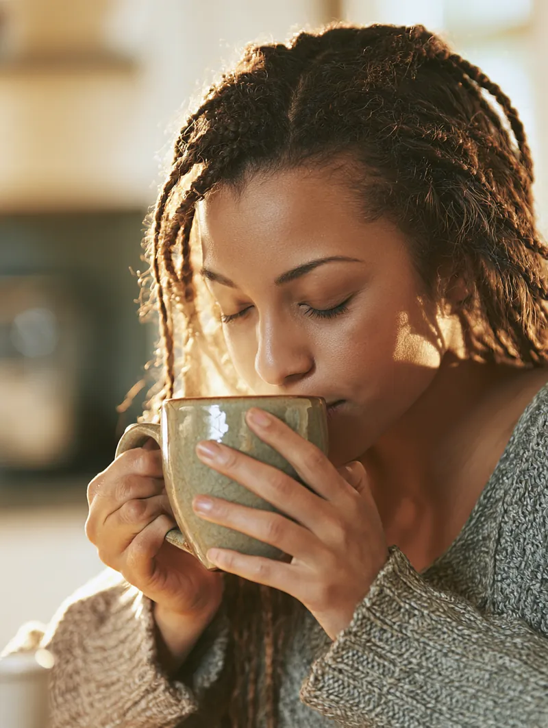 Woman with braided hair sipping from a ceramic mug in a bright kitchen, calm after sorting out a personal loan