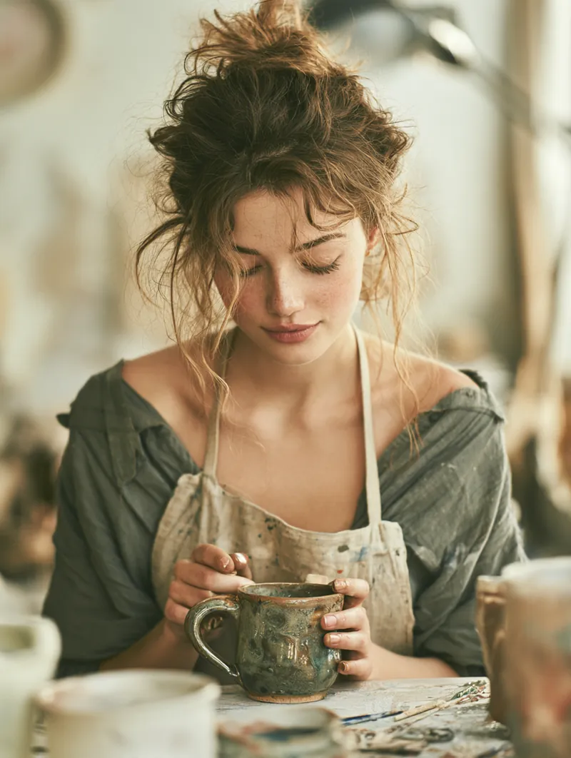 Woman in her 20s inspecting a handmade ceramic mug she just glazed in a bright modern studio
